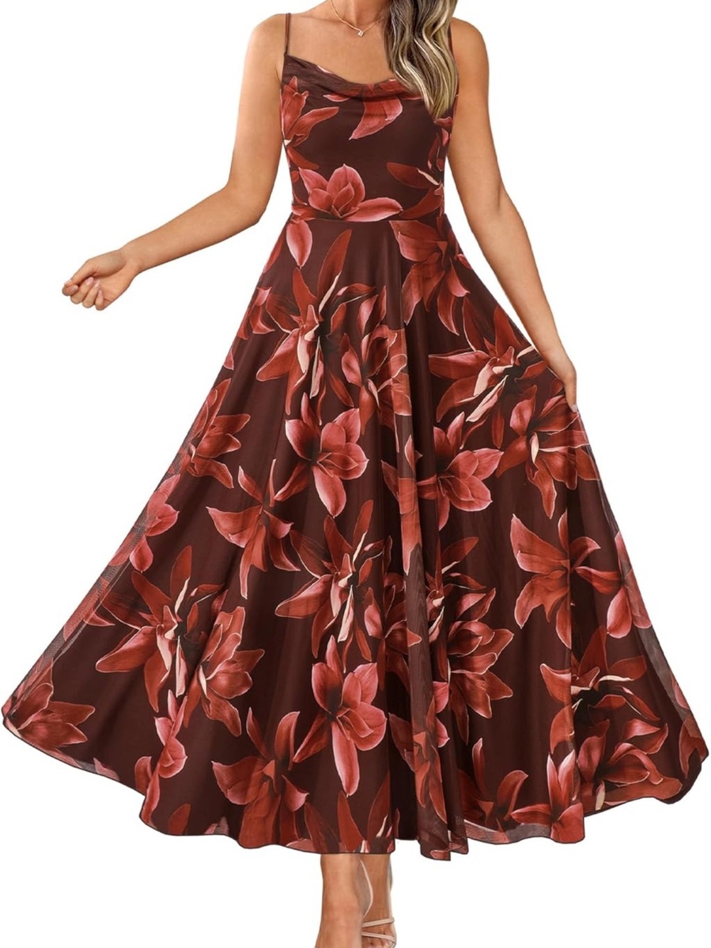 Floral Spaghetti-Strap Maxi Dress in Brown and Coral